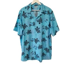 Hawaiian Vacation Turquoise and Black Turtle Print Tropical Button Down Shirt